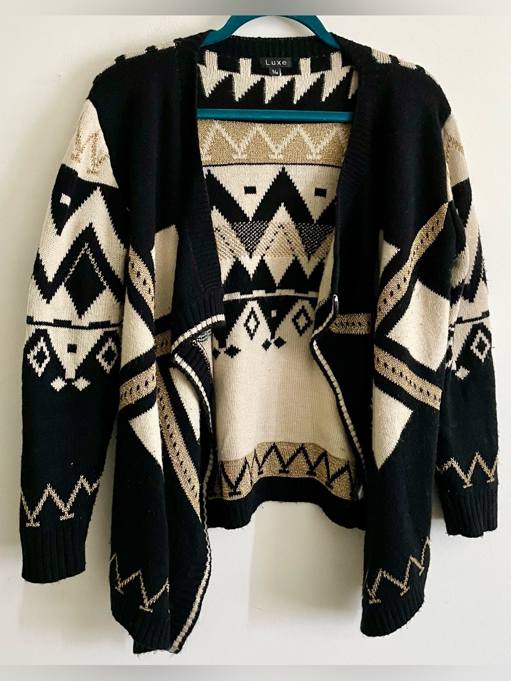 ⚜️ Luxe Black, Cream & Gold Aztec Open-Front Cardigan ⚜️